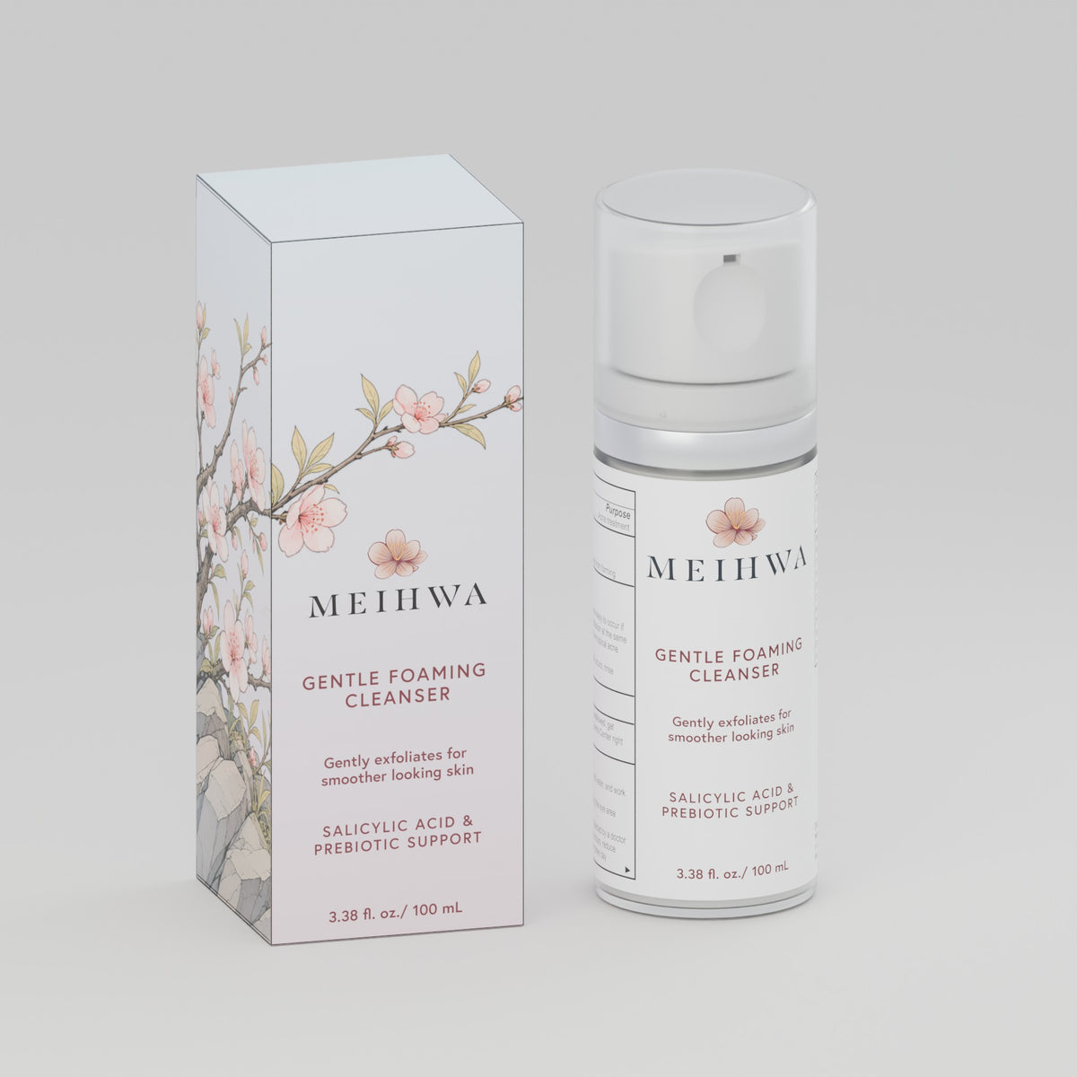 MeiHwa Gentle Foaming Cleanser bottle and final illustrated carton, 100 mL — studio render