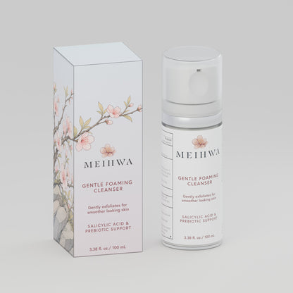 MeiHwa Gentle Foaming Cleanser bottle and final illustrated carton, 100 mL — studio render