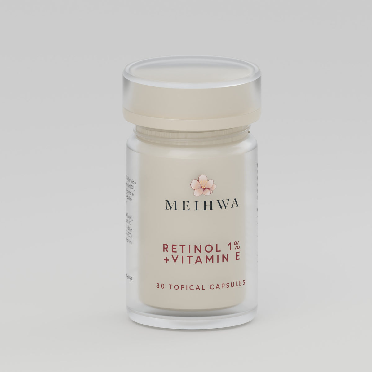 MeiHwa Retinol 1% + Vitamin E bottle with subtle champagne-gold finish, 30 topical capsules — studio render
