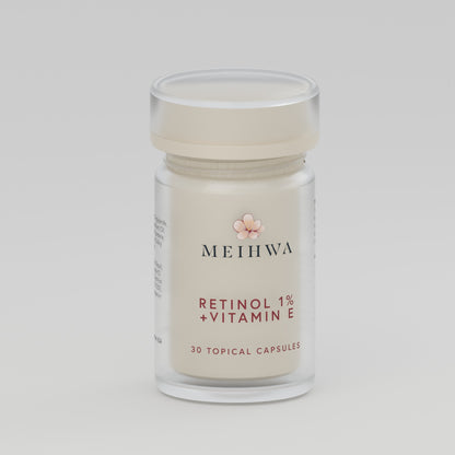 MeiHwa Retinol 1% + Vitamin E bottle with subtle champagne-gold finish, 30 topical capsules — studio render