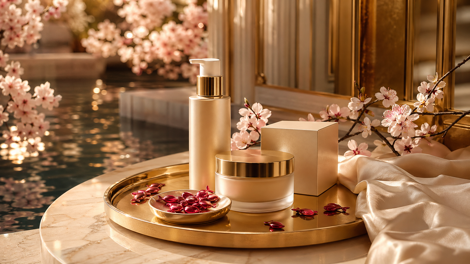 MeiHwa complete skincare ritual on gold tray