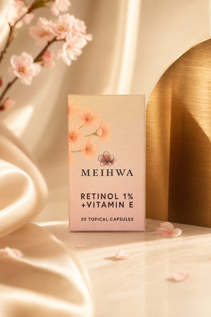 MEIHWA Retinol 1% + Vitamin E topical capsules packaging with cherry blossoms on a soft background